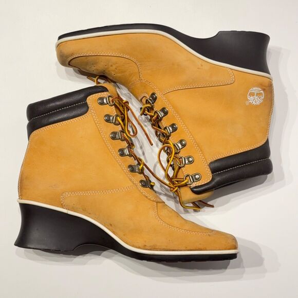 Timberland Wheat Nubuck Leather Wedge Heel Ankle Boot Square Toe Women Size 7.5M - Picture 10 of 14